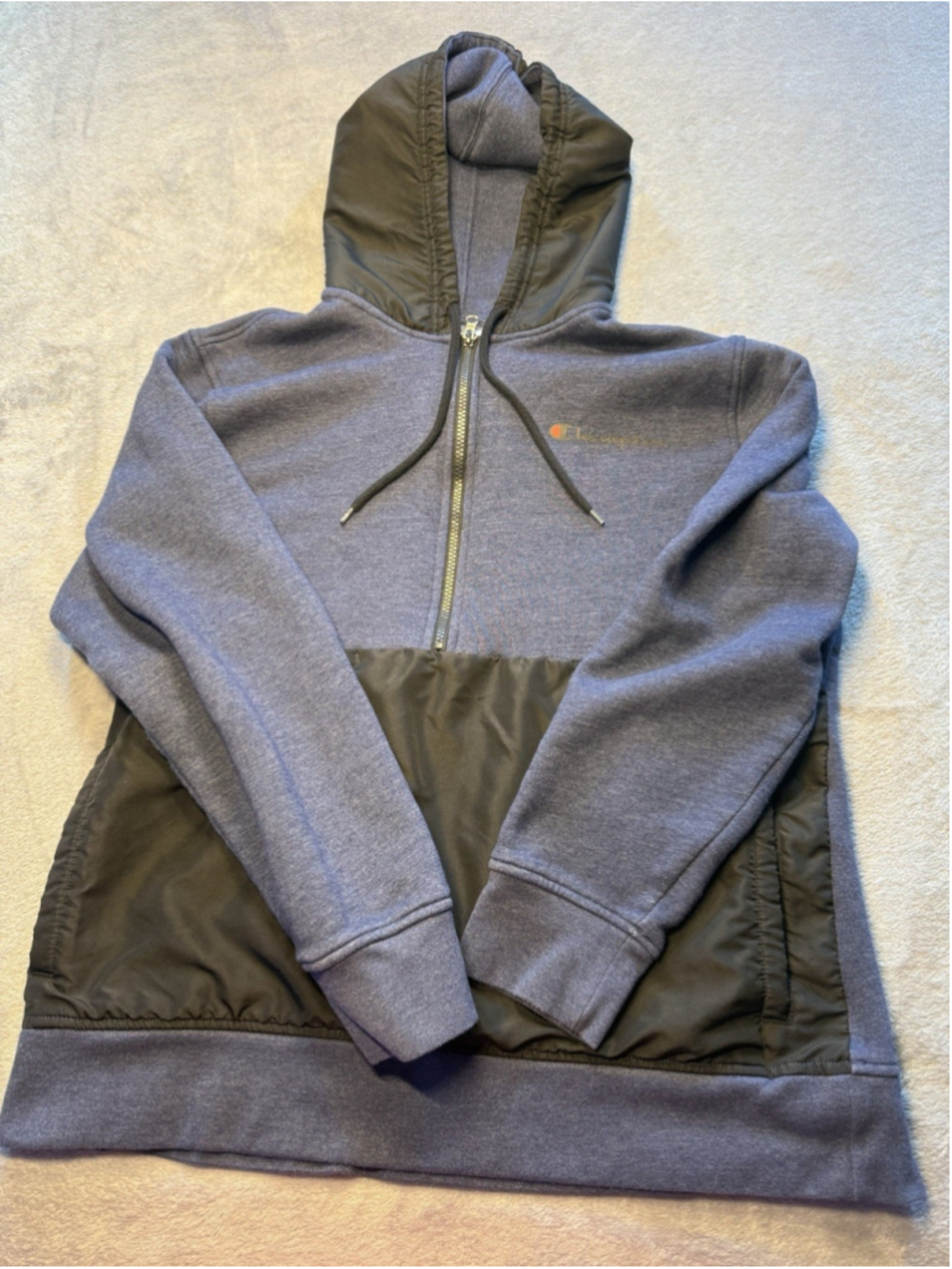 CHAMPION MENS HEATHER BLUE / BLACK 1/2 ZIP HOODIE WITH POCKETS Size Large